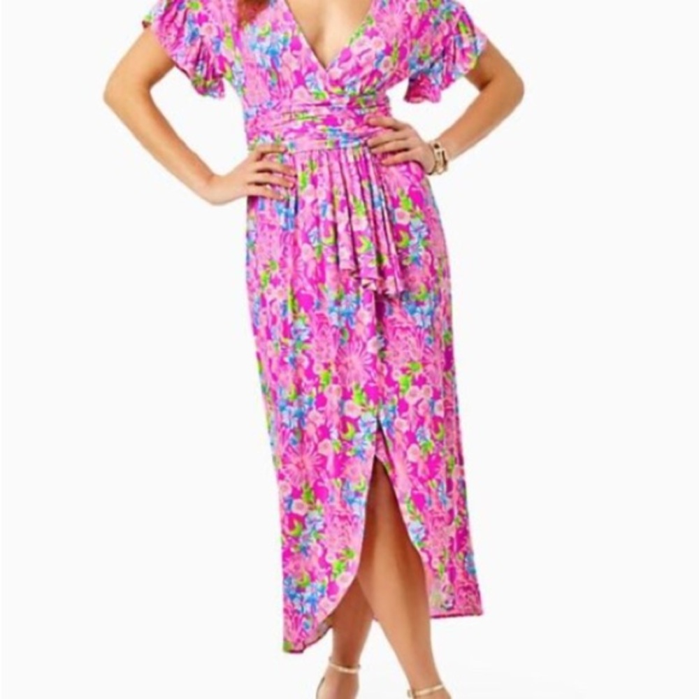 EUC Lilly Pulitzer Ankorage Midi Dress Short Sleeve Jersey Pink Multi